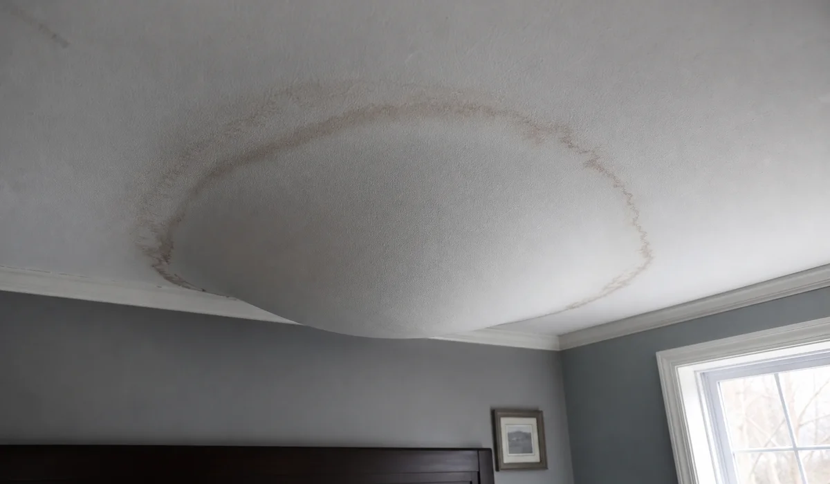 Sagging ceiling drywall from water accumulation