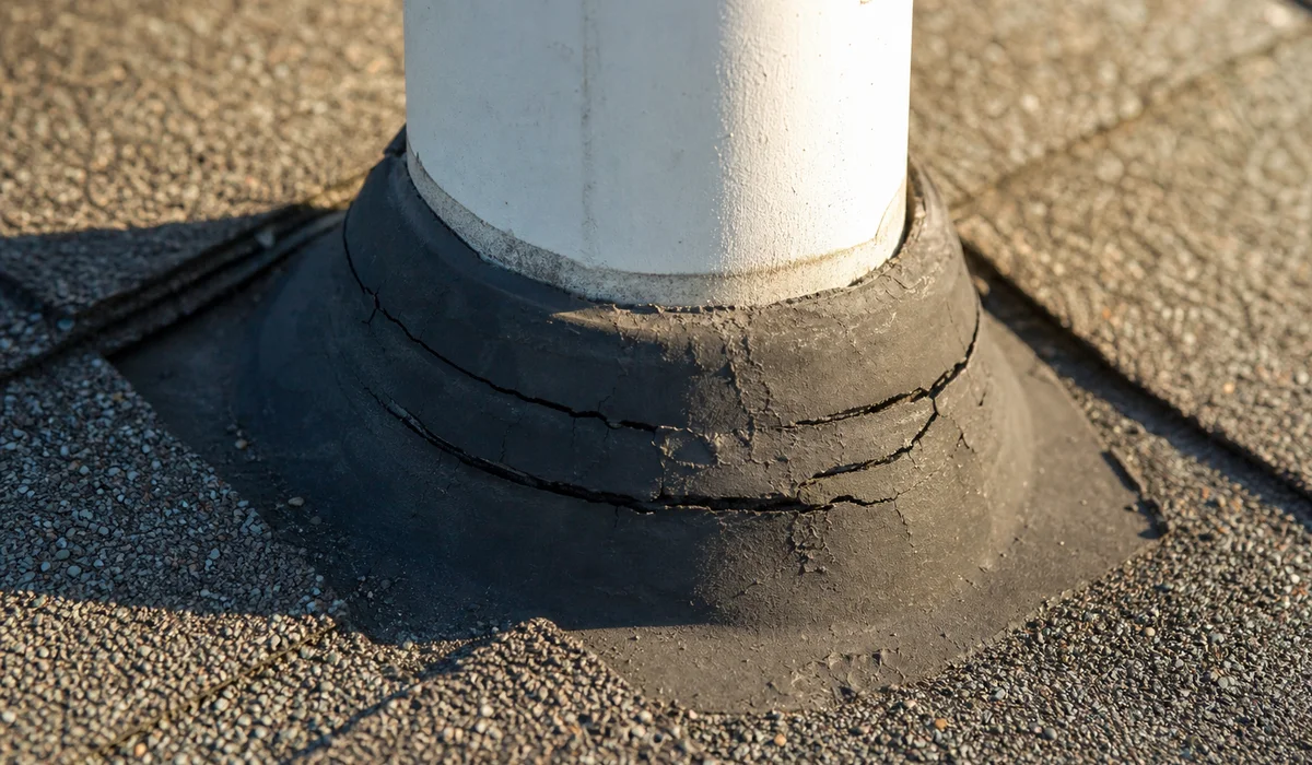 Cracked pipe boot on a plumbing vent penetration