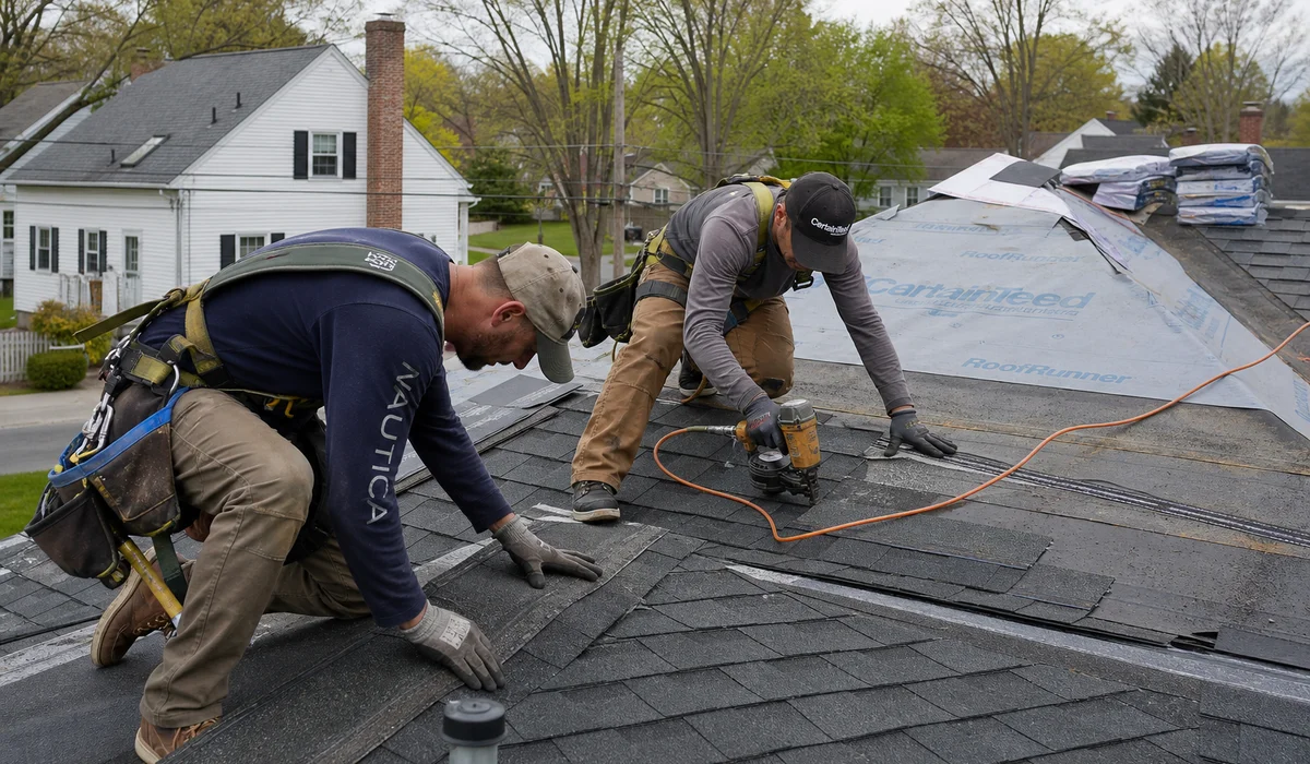 Crew installing GAF Timberline HDZ shingles