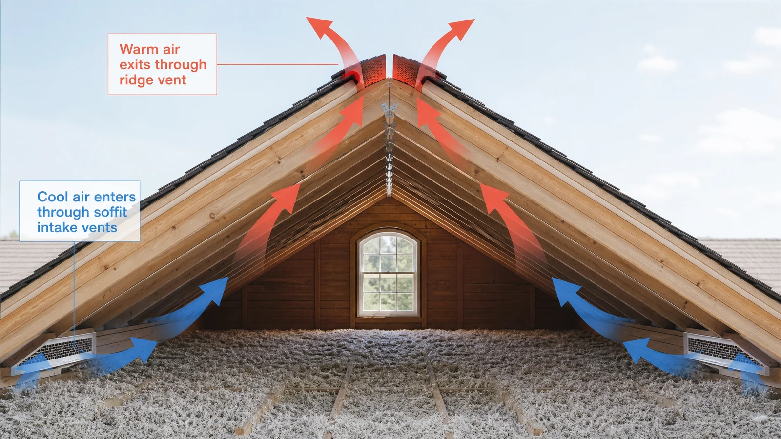 Cutaway diagram showing soffit intake and ridge exhaust airflow
