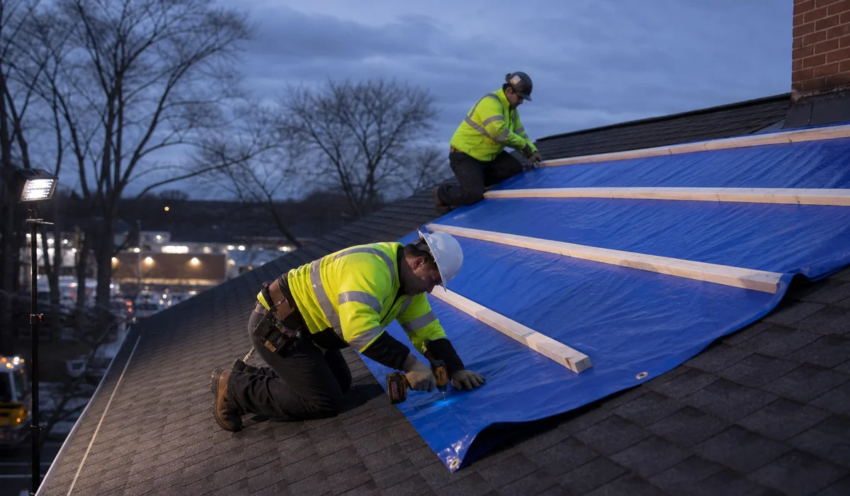 Emergency tarp being installed on a storm-damaged West Hartford CT roof
