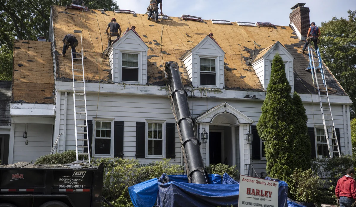 Roof replacement tear-off in progress on a Hartford County home