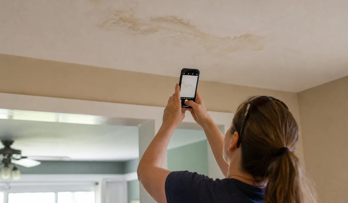 Homeowner documenting ceiling damage for insurance