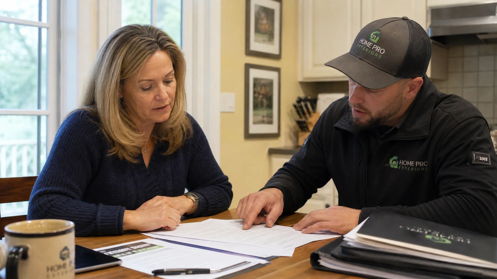 Homeowner and roofer reviewing insurance paperwork