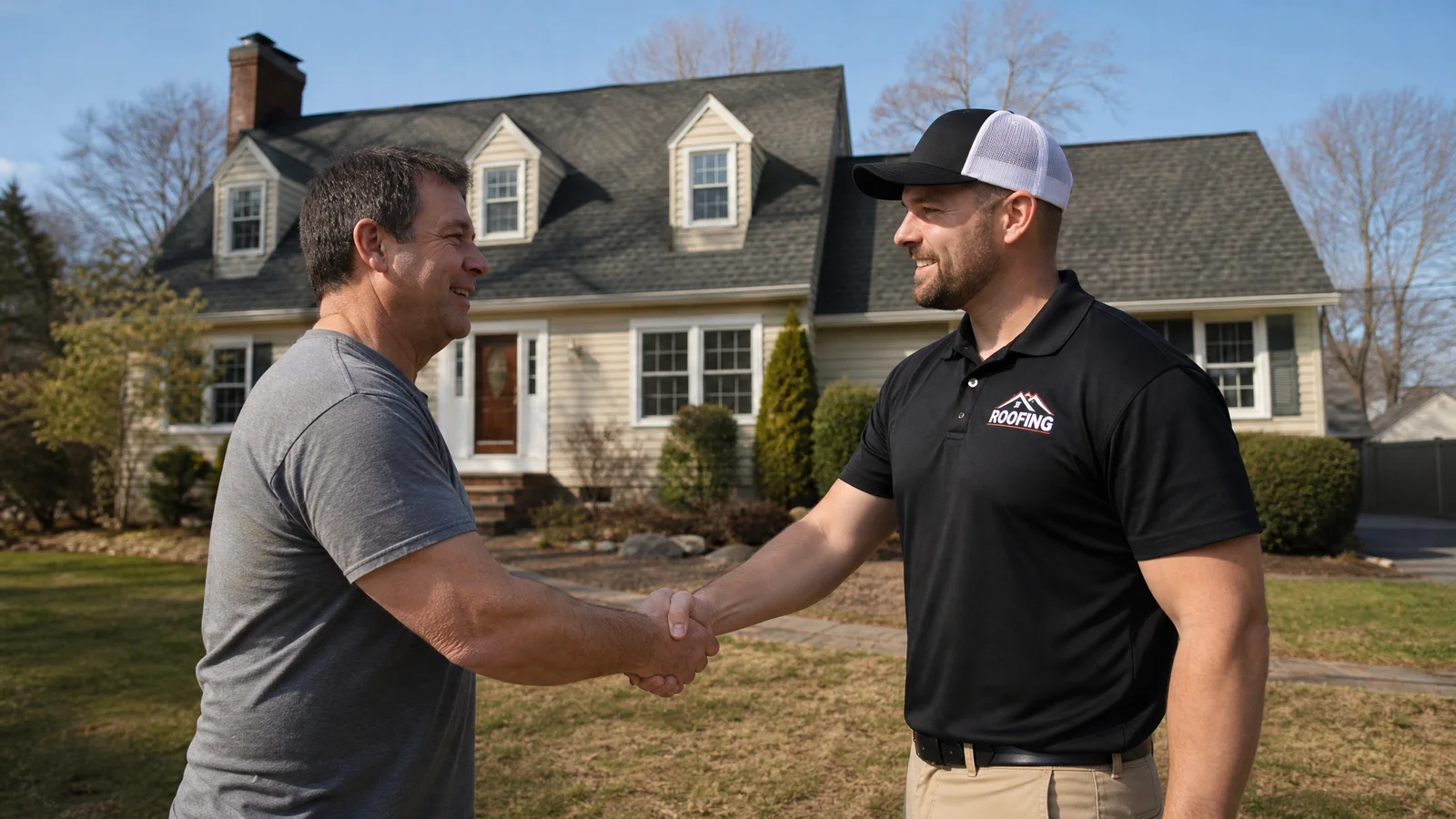 Homeowner and contractor after signing a roofing agreement
