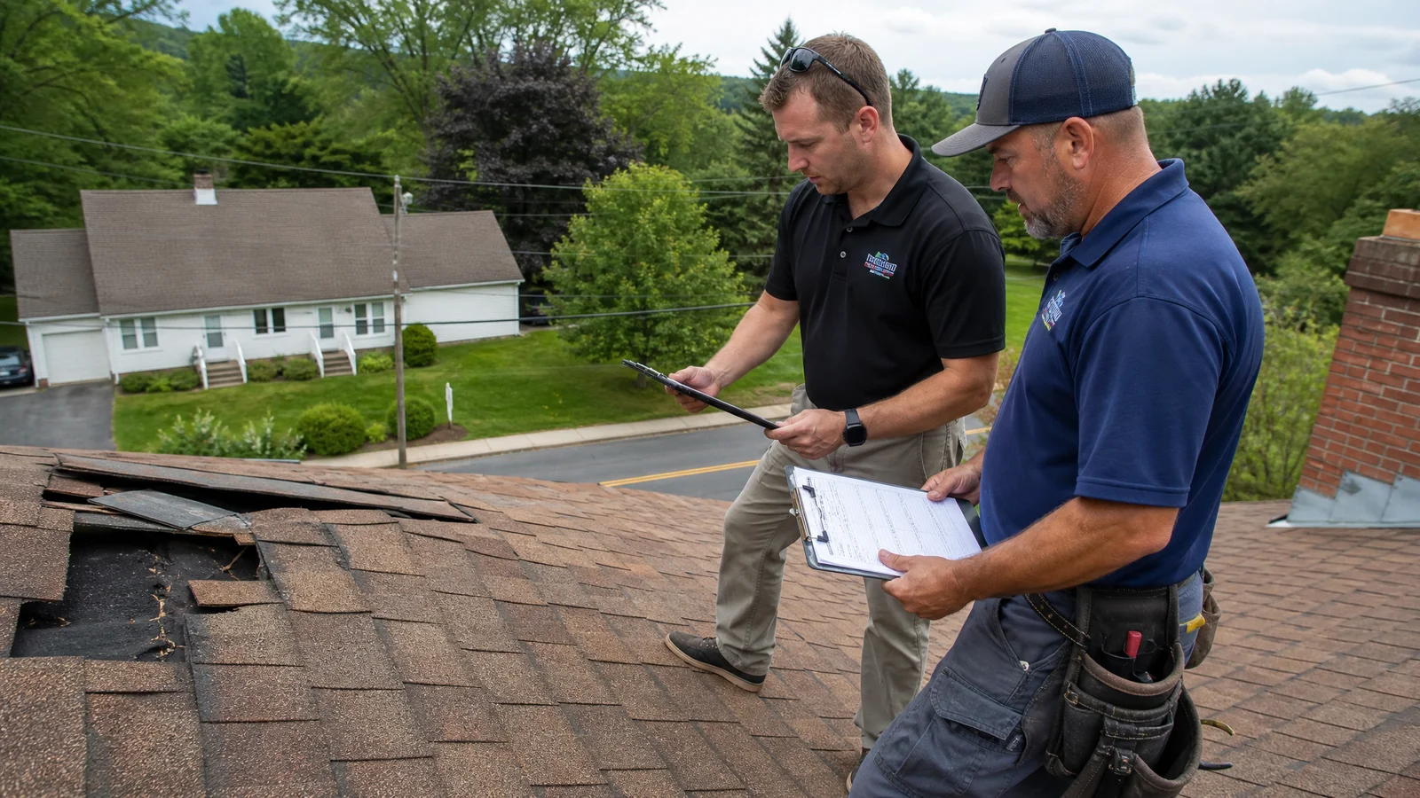 Adjuster and roofer inspecting a CT roof together
