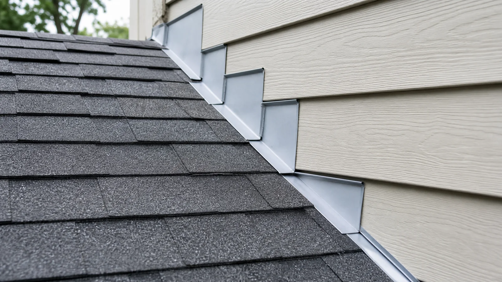 Close-up of metal flashing sealed at a roof-to-wall transition