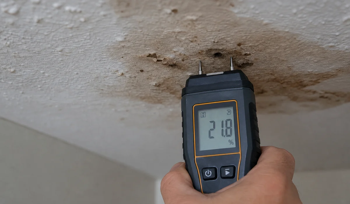 Moisture meter confirming elevated readings on damp ceiling material