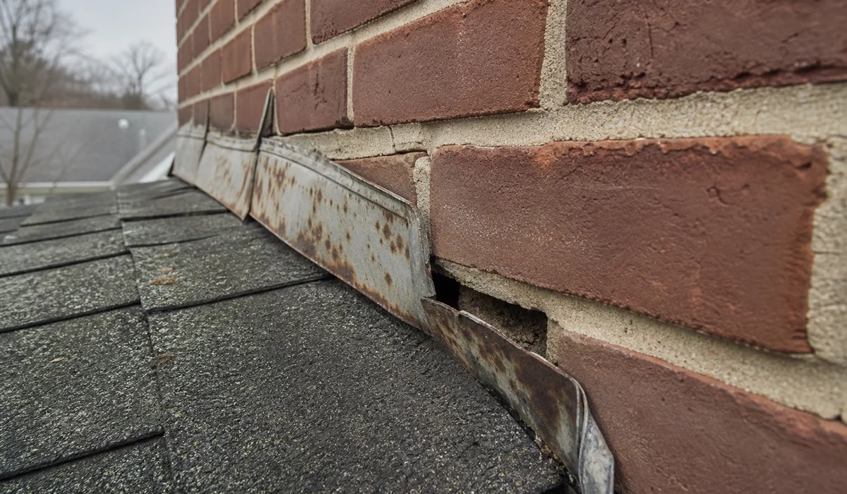 Old rusted step flashing lifted away from a Connecticut home
