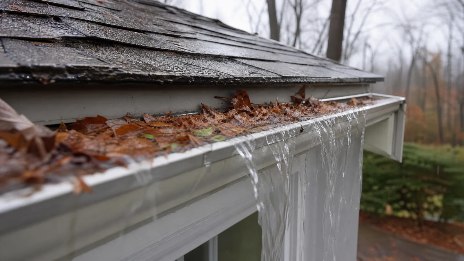 Overflowing clogged gutter during rain