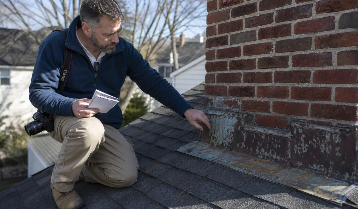 Professional roof inspection at chimney flashing