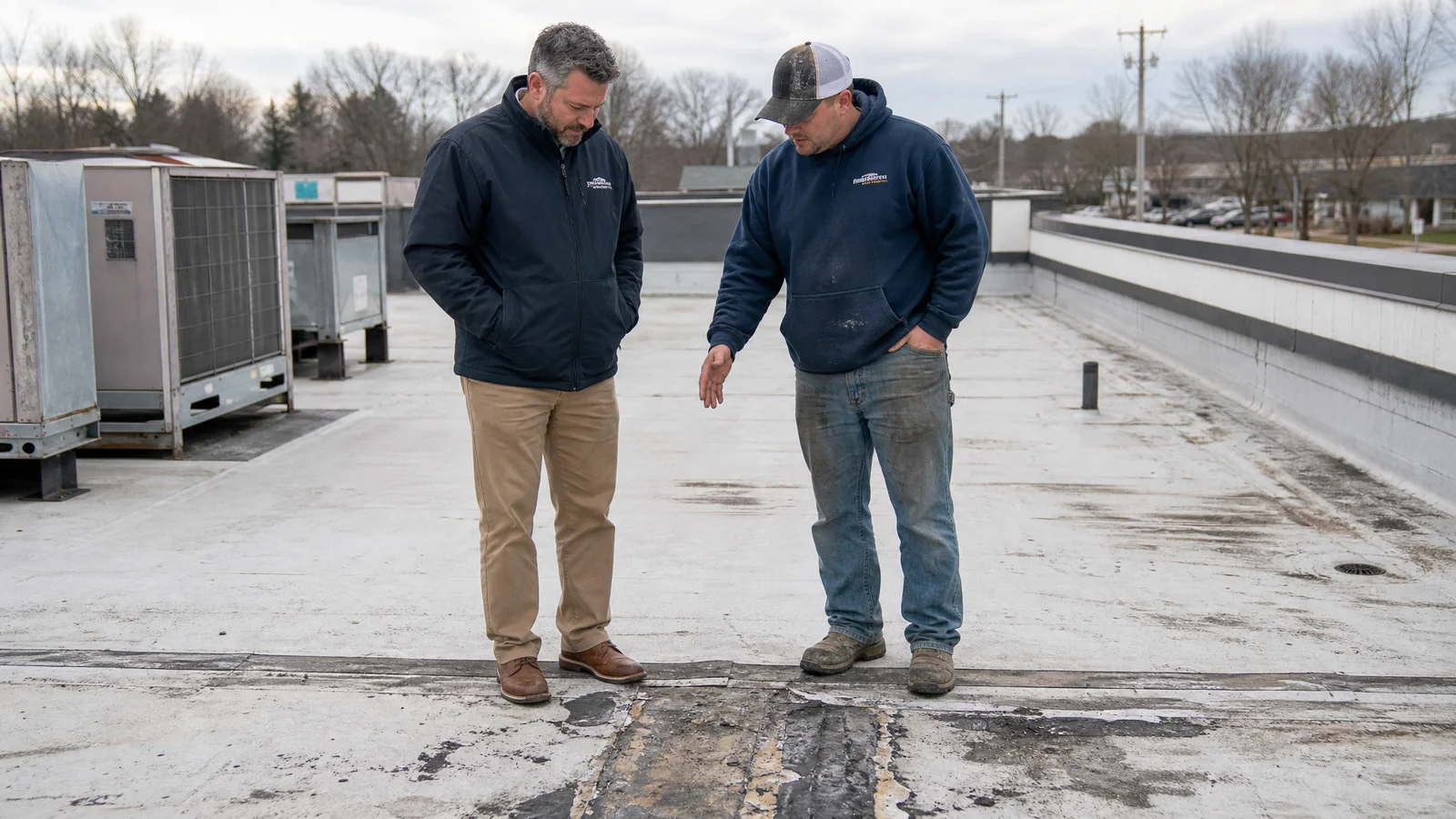 Property manager and roofer reviewing a flat roof