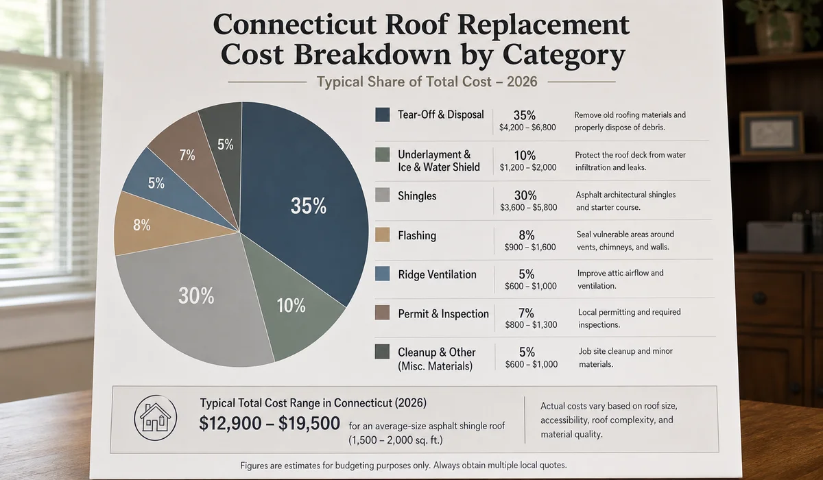 Cost breakdown by category for a CT roof replacement