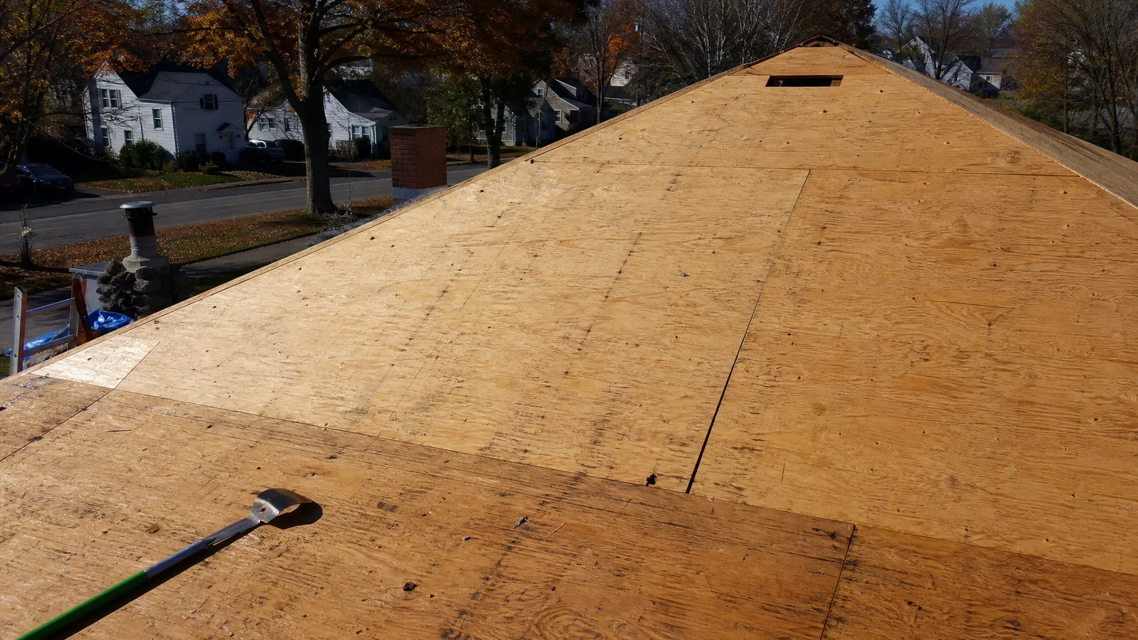 Roof stripped to bare decking during tear-off