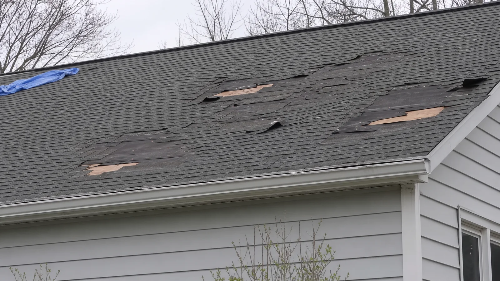Roof with several missing shingles after wind