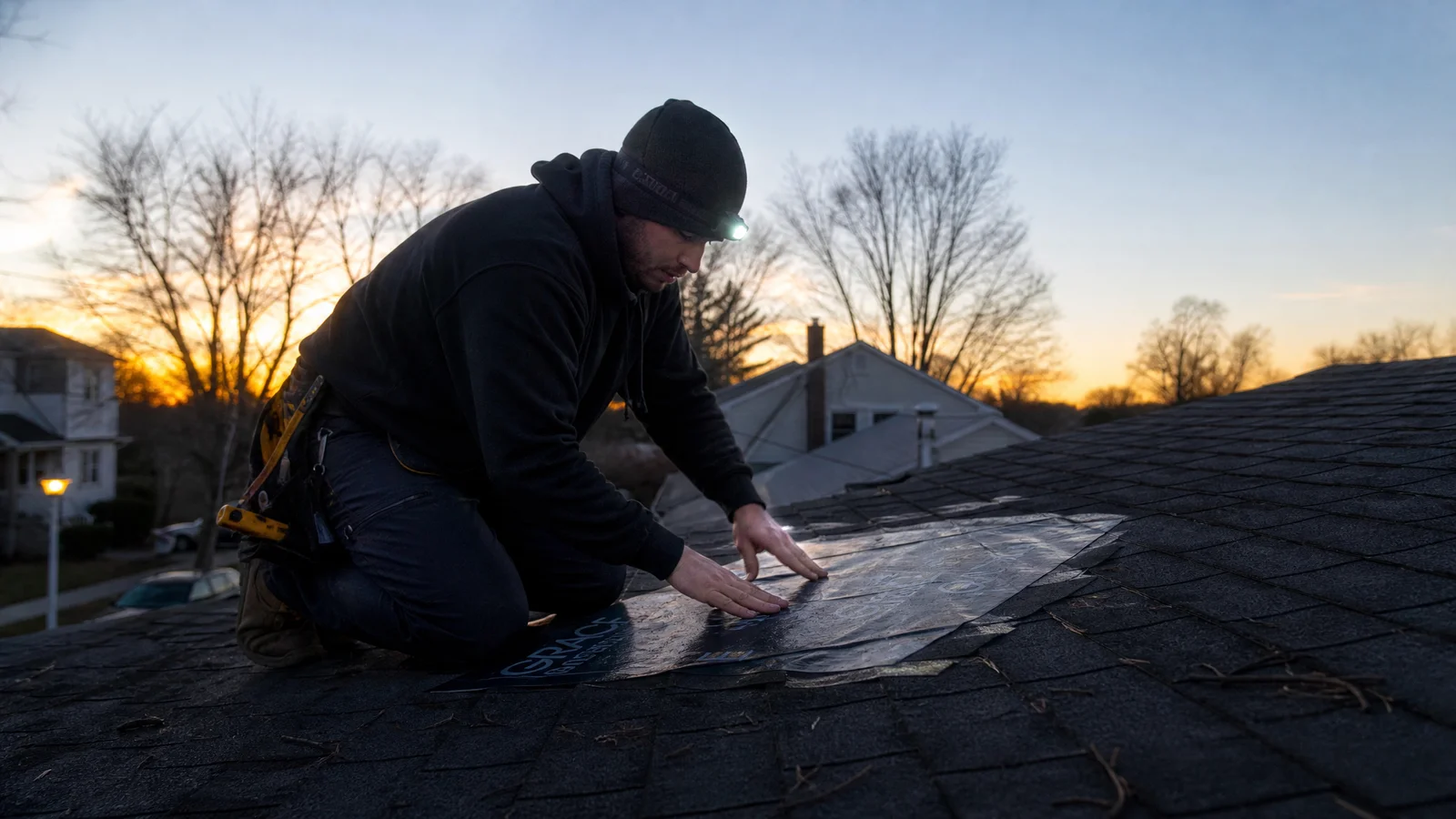 Roofer applying a temporary patch at dusk