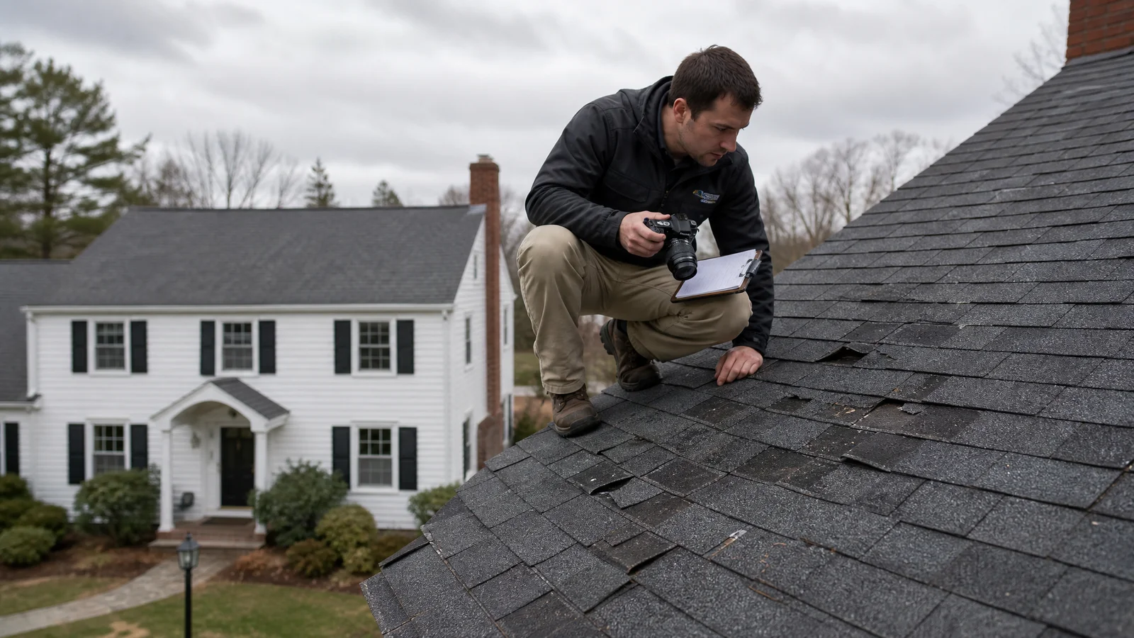 Roofer documenting storm damage on a roof