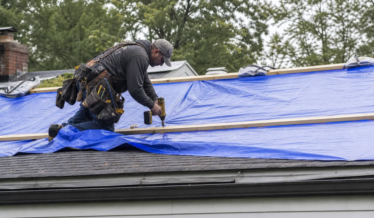 Securing an emergency tarp with battens on a storm-damaged CT roof