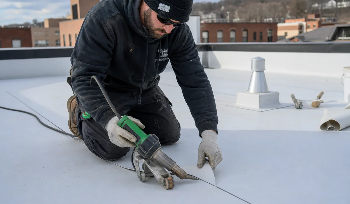 TPO seam being heat-welded on a commercial flat roof