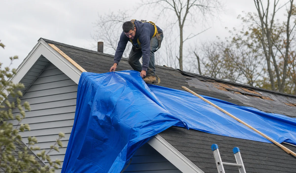 Emergency roof tarping after storm damage in West Hartford CT