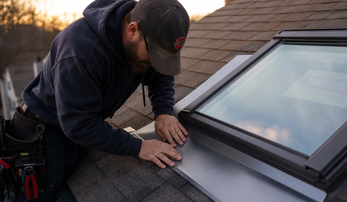 Roofer resealing skylight perimeter flashing on a residential roof