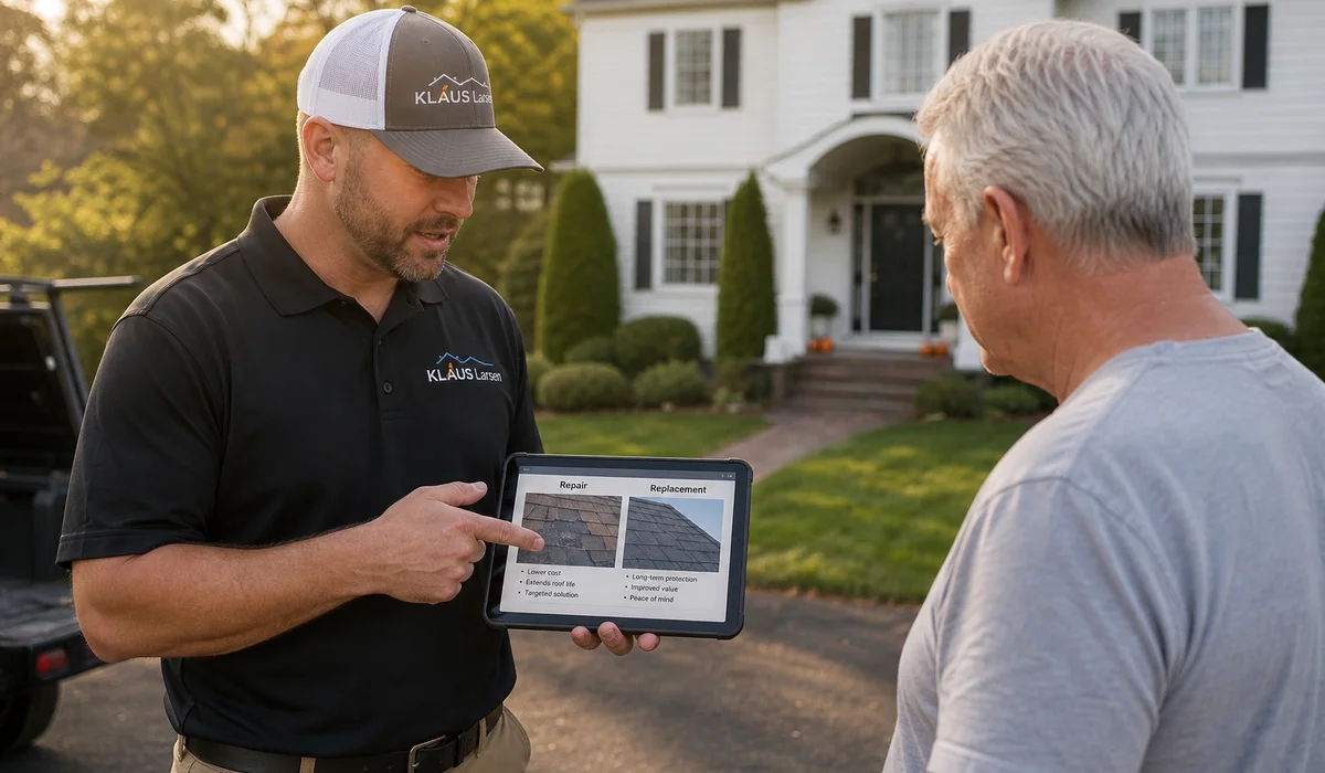 Reviewing roof damage photos to compare repair and replacement options