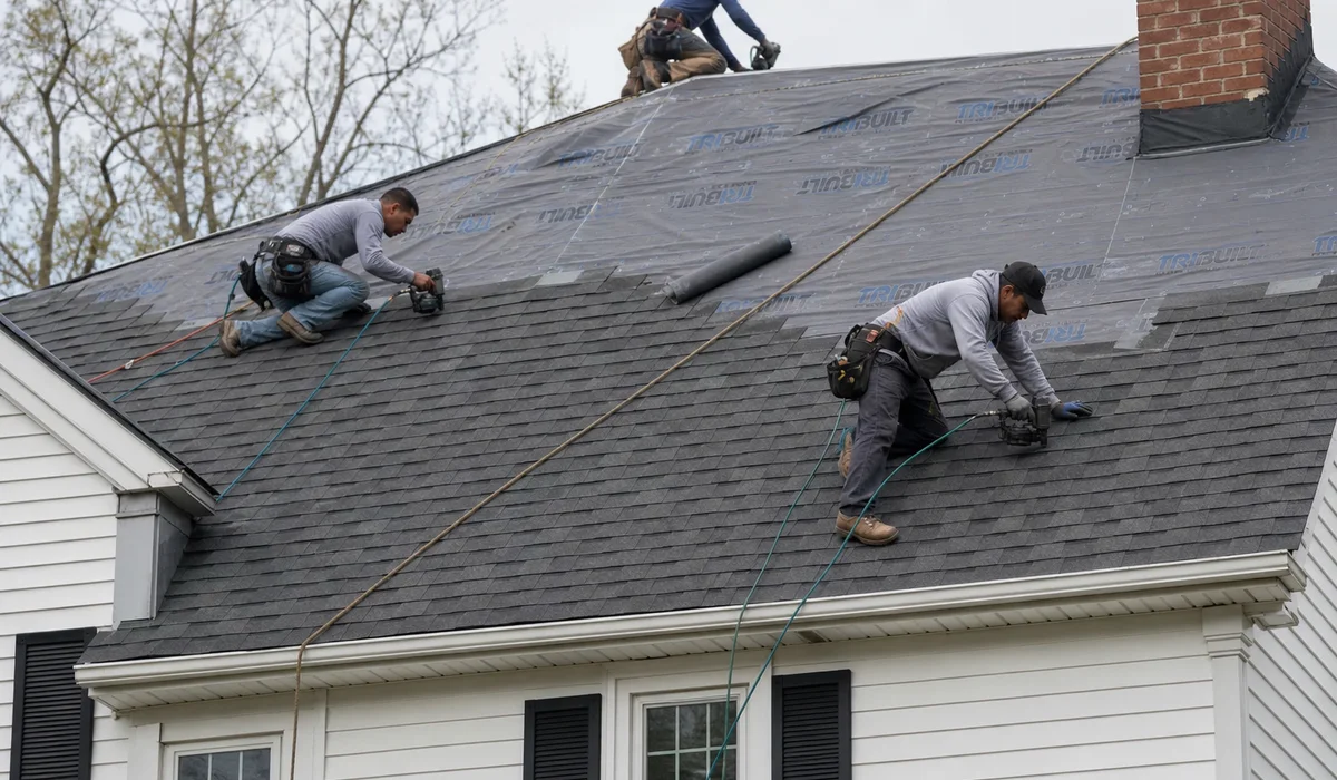 Architectural shingles being installed on a West Hartford home