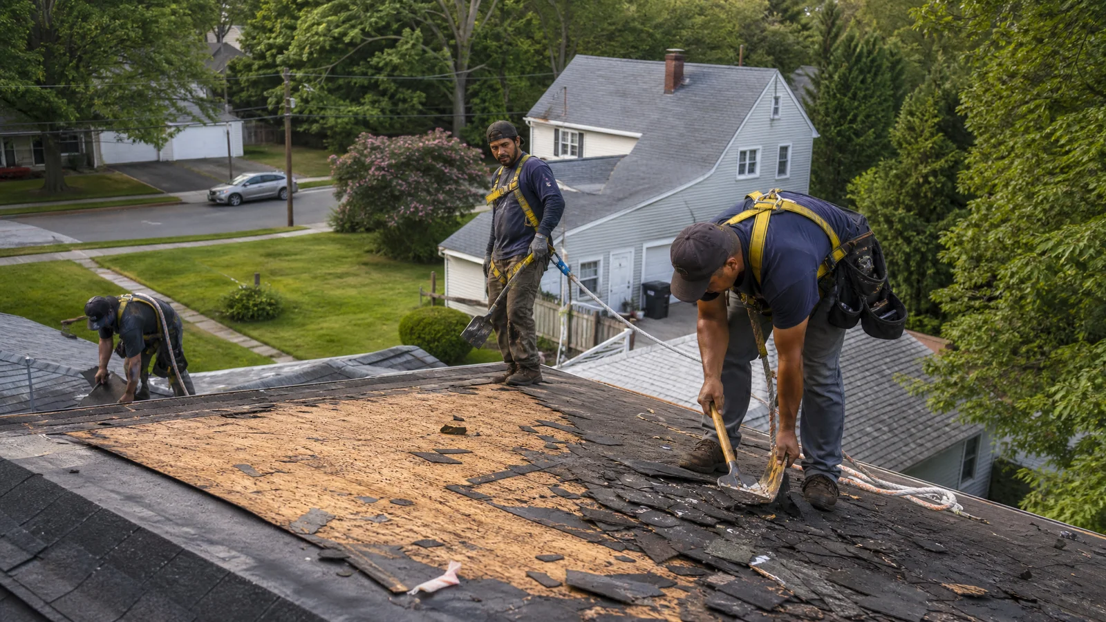 Roofing crew mid tear-off on a residential home