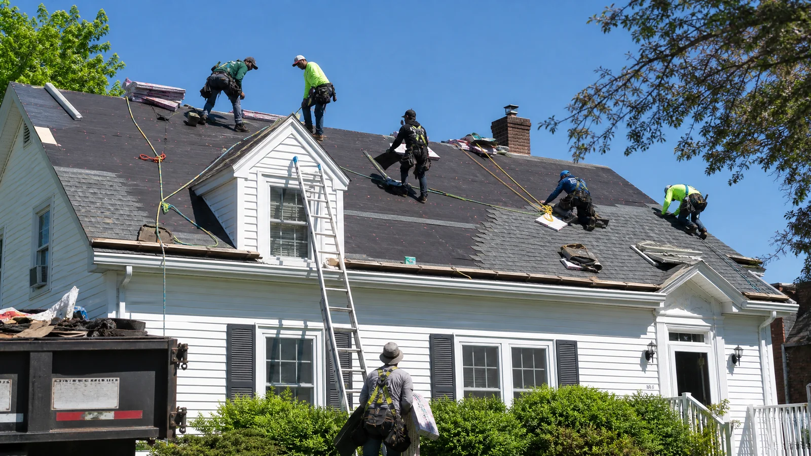 Roofing crew working across a residential roof on a sunny day