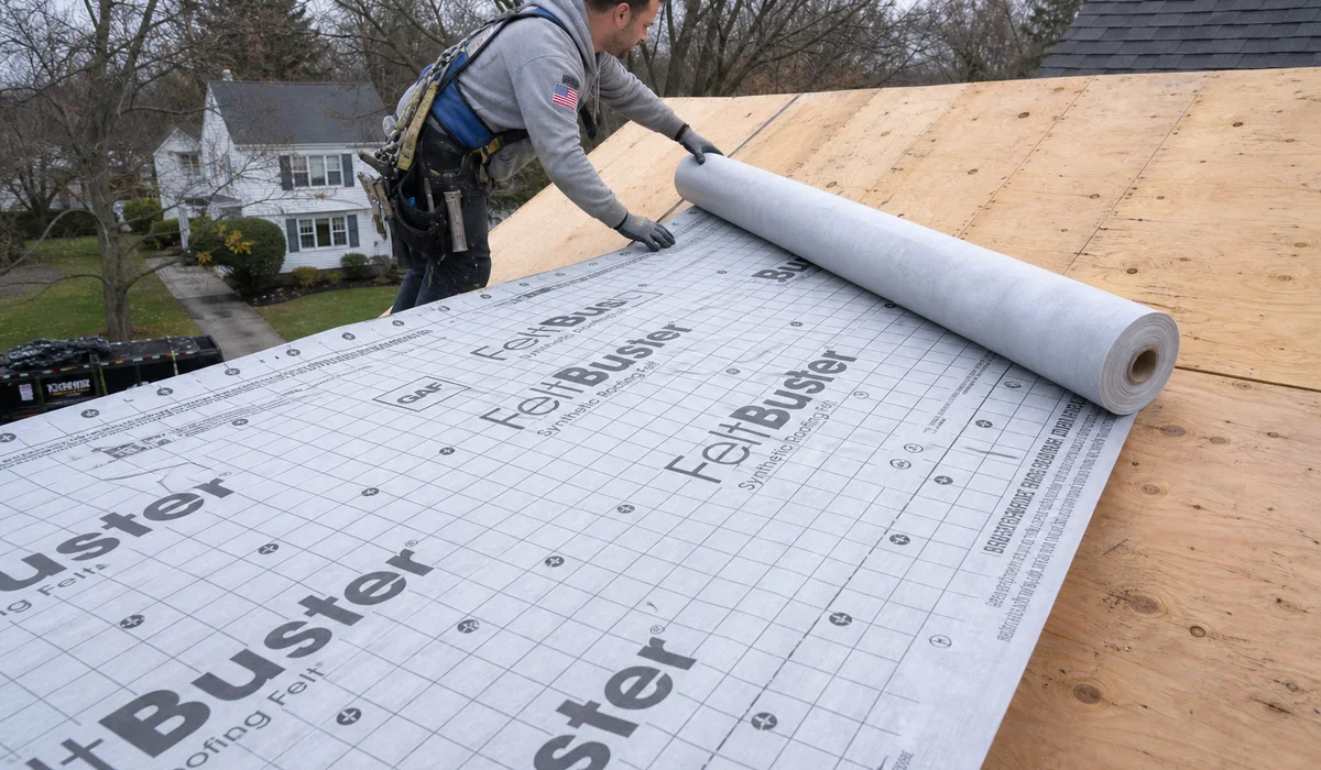 Installing synthetic underlayment during a roof replacement