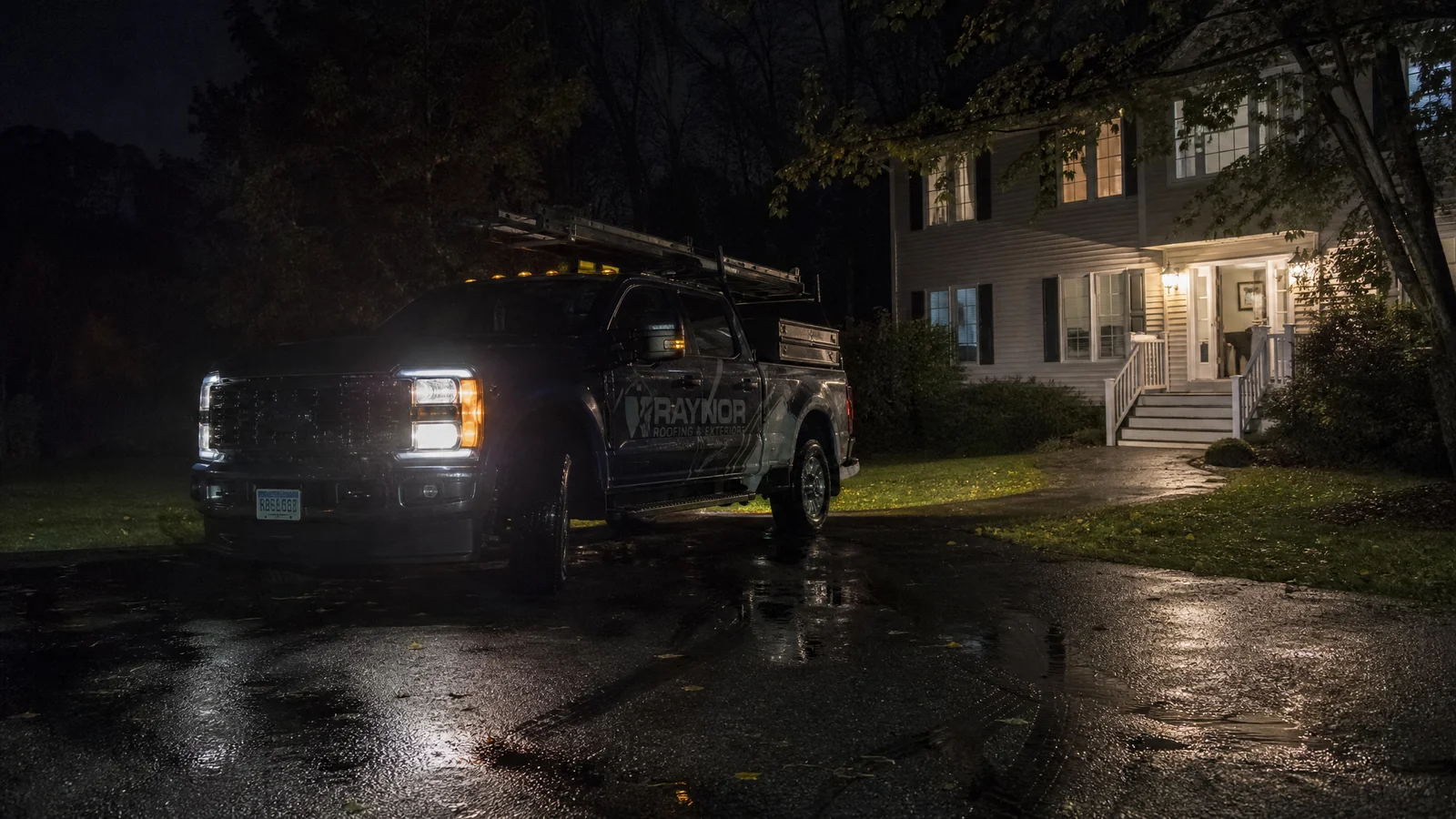 Emergency roofing truck arriving at night
