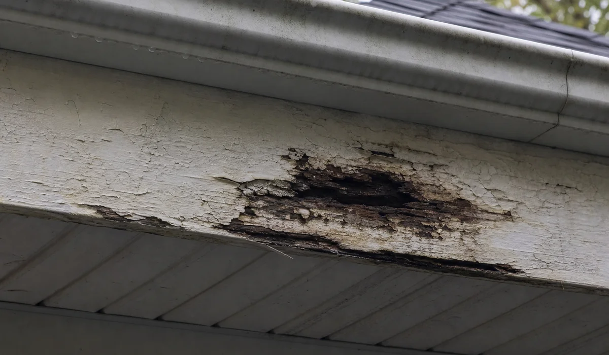 Rotted fascia damage behind a failing gutter