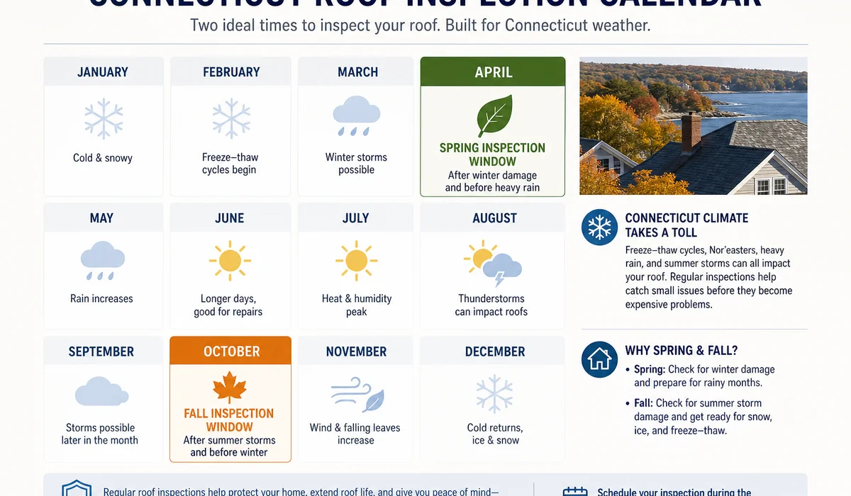 Seasonal roof inspection timing calendar for Connecticut homeowners