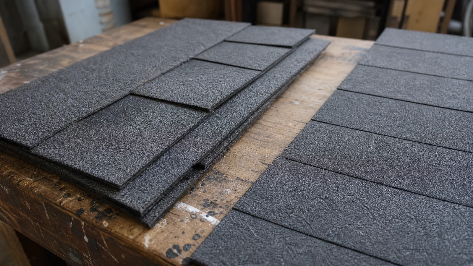 Architectural and 3-tab asphalt shingle samples side by side