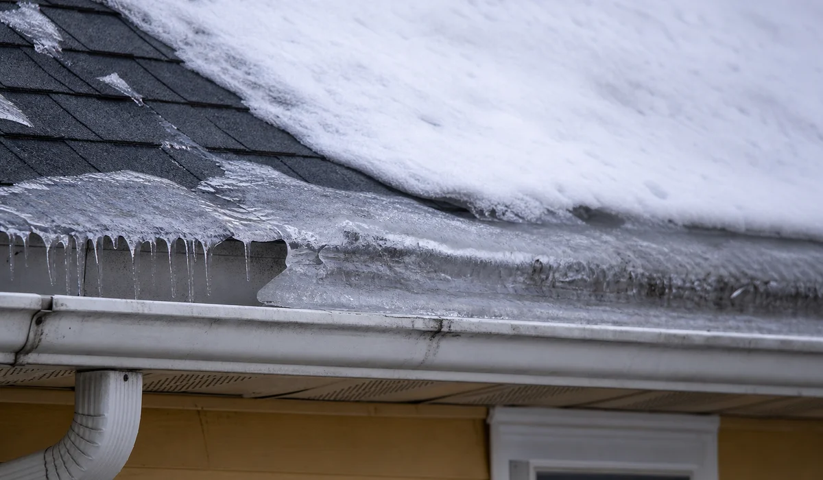 Ice dam forming on a Connecticut roof in winter