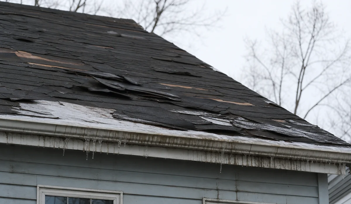 Storm-damaged roof before tarping