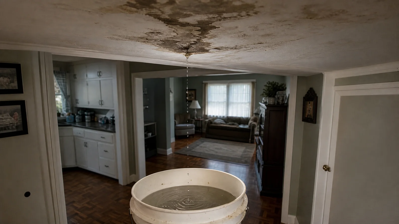 Water dripping through a ceiling into a bucket
