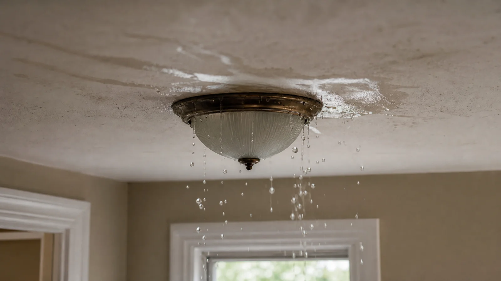 Water pouring through a ceiling light fixture during an emergency